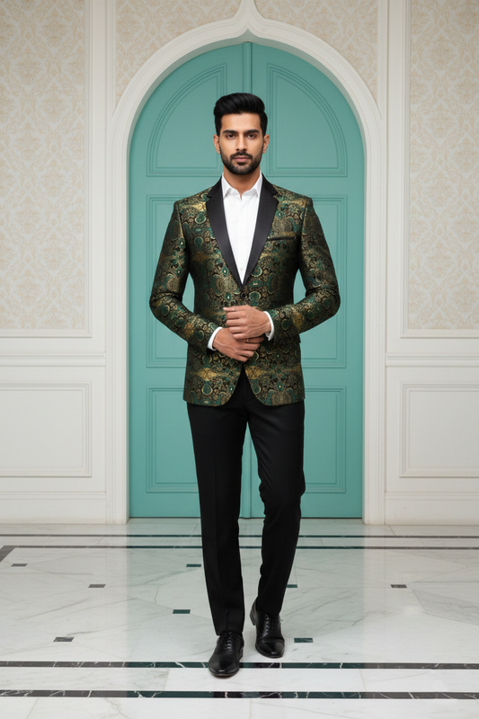 Men's Emerald Green & Gold Floral Jacquard Tuxedo Blazer , Premium Slim Fit Party Wear Dinner Jacket