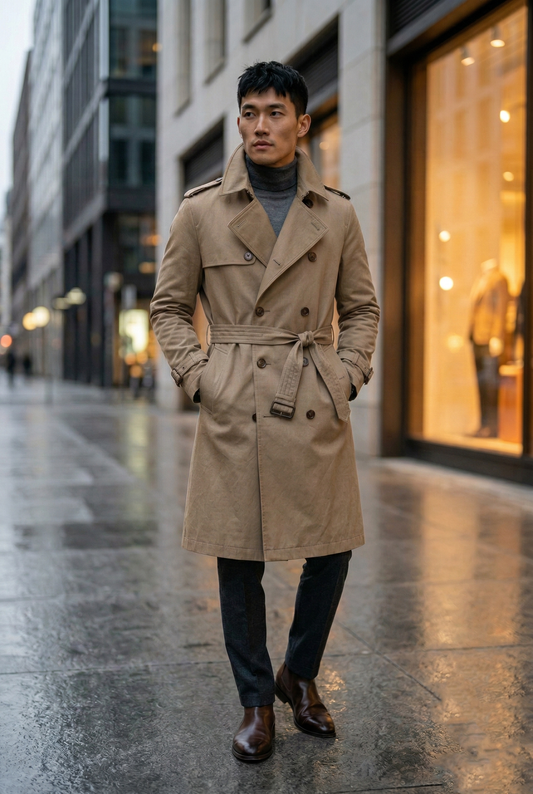 Classic Beige Double-Breasted Long Trench Coat with Belt