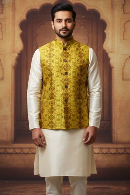 Mustard Floral Brocade Nehru Jacket with Cream Kurta  Set