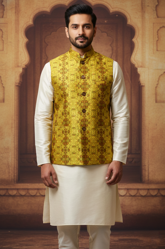 Mustard Floral Brocade Nehru Jacket with Cream Kurta  Set