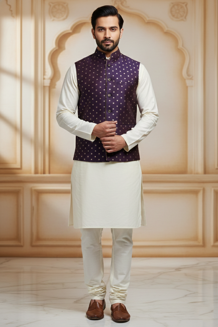 Men’s Purple Dotted Nehru Jacket with Ivory Kurta
