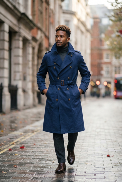 Men's Navy Double-Breasted Long Trench Coat
