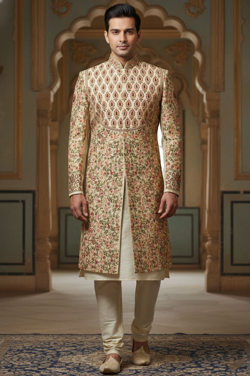Beige Sherwani with Multicolor Embroidery