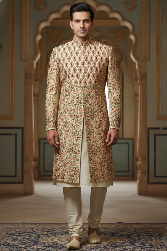 Beige Sherwani with Multicolor Embroidery