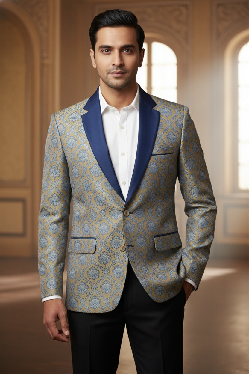Gold & Light Blue Brocade Blazer with Satin Lapels
