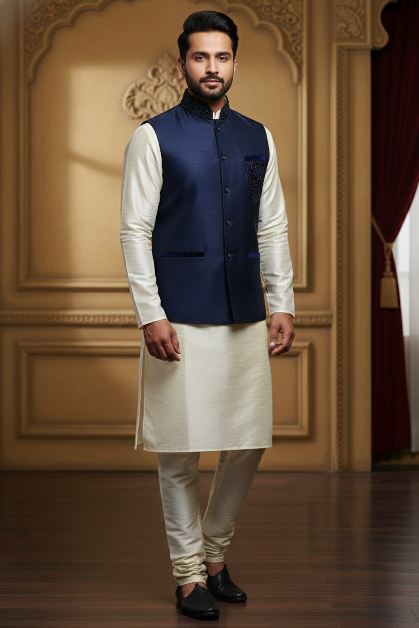 Men’s Dark Blue Nehru Jacket with Elegant Work | Ethnic Waistcoat