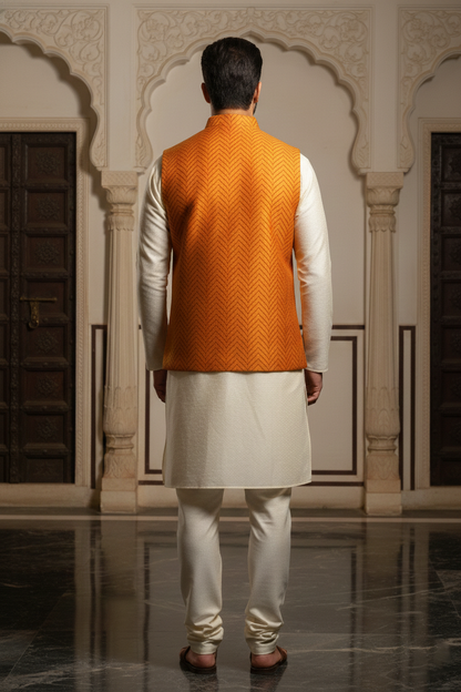 Men’s Orange Textured Nehru Jacket