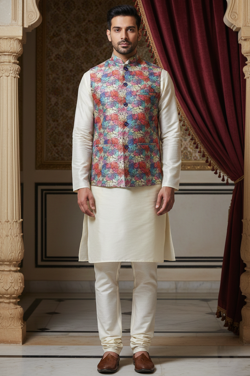 Prism of Petals: The Multicolored Mosaic Nehru Jacket