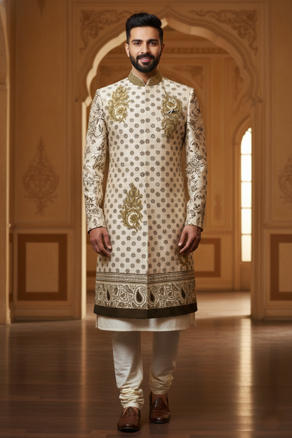 Cream Sherwani with Gold Embroidery