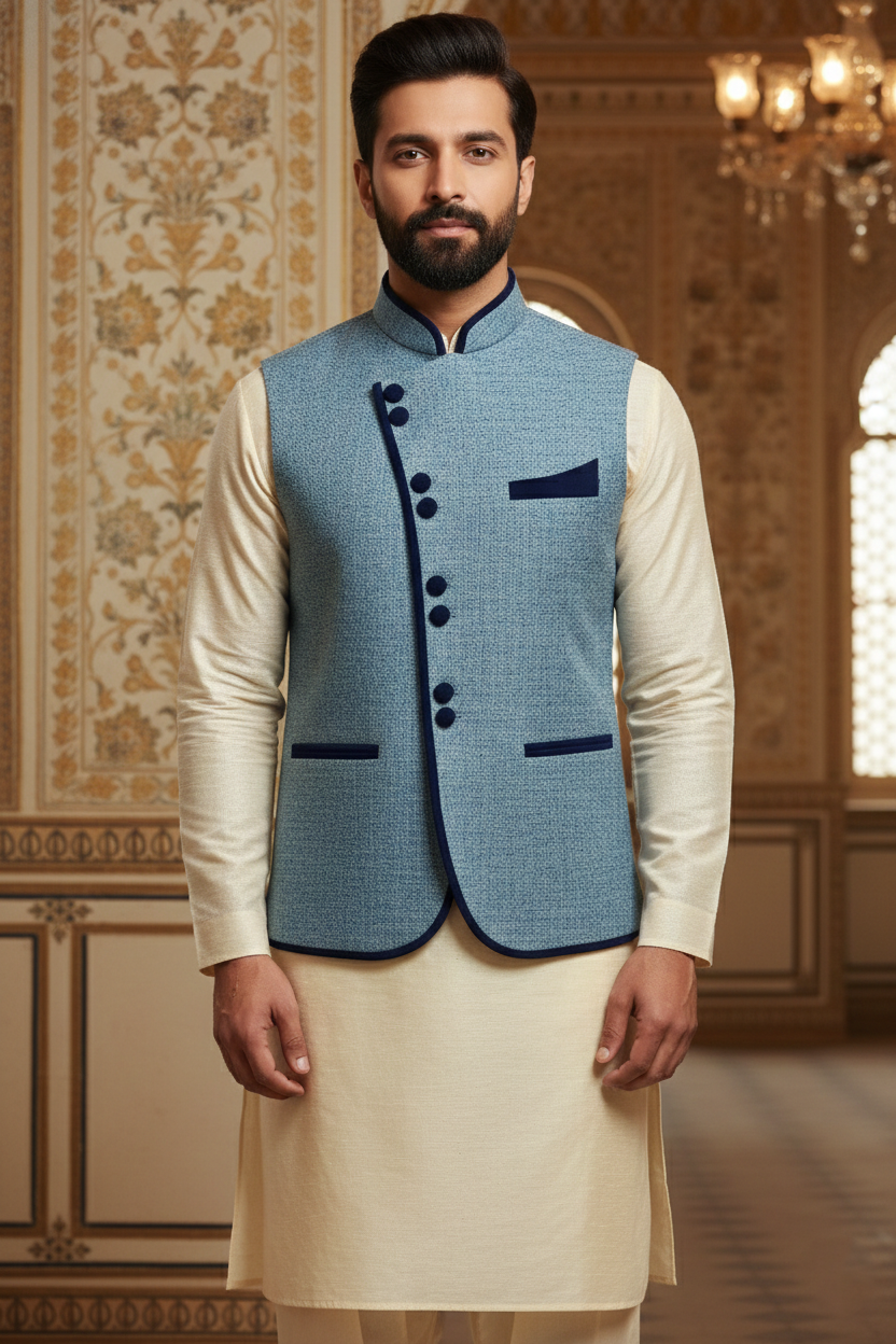 Light Blue Textured Nehru Jacket with Dark Blue  Trim & Cream Kurta Set