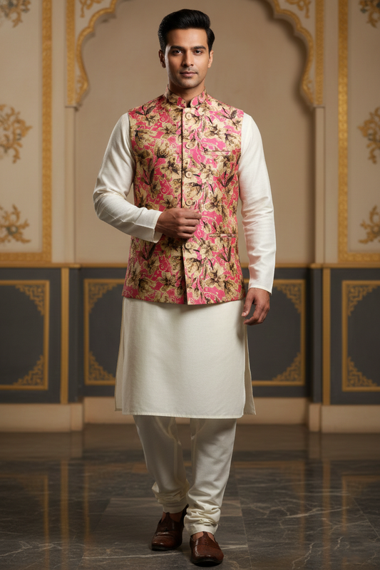 Title: The Pink Petal Path: Modern Floral Nehru Jacket and Silk Ensemble