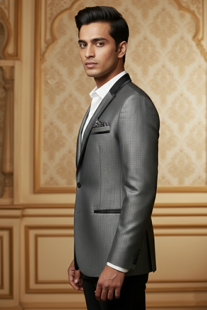 Men's Metallic Grey Slim Fit Tuxedo  Blazer with Satin Trim