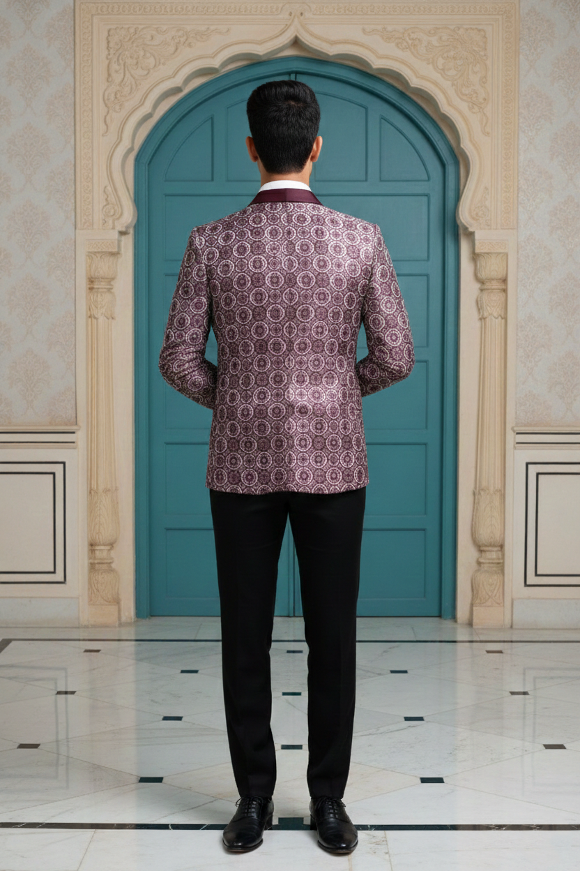 Men'sPremium Wine Geometric Jacquard Tuxedo Blazer with Satin Peak Lapels