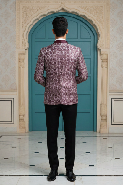 Men'sPremium Wine Geometric Jacquard Tuxedo Blazer with Satin Peak Lapels