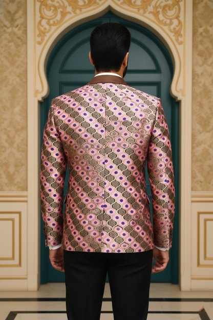 Men'sRose Pink & Bronze Banarasi Jacquard Tuxedo Blazer , Premium Ethnic Fusion Wear