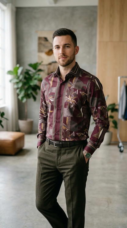 Men'sDesigner Slim-Fit Abstract Mosaic Print Shirt , Burgundy & Olive Ochre