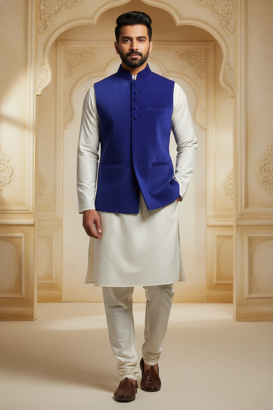 Royal Blue Nehru Jacket with Cream Kurta Set