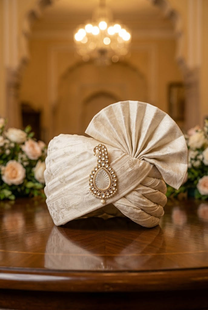 Ivory Self-Design Silk Groom Turban with Kundan Kalgi