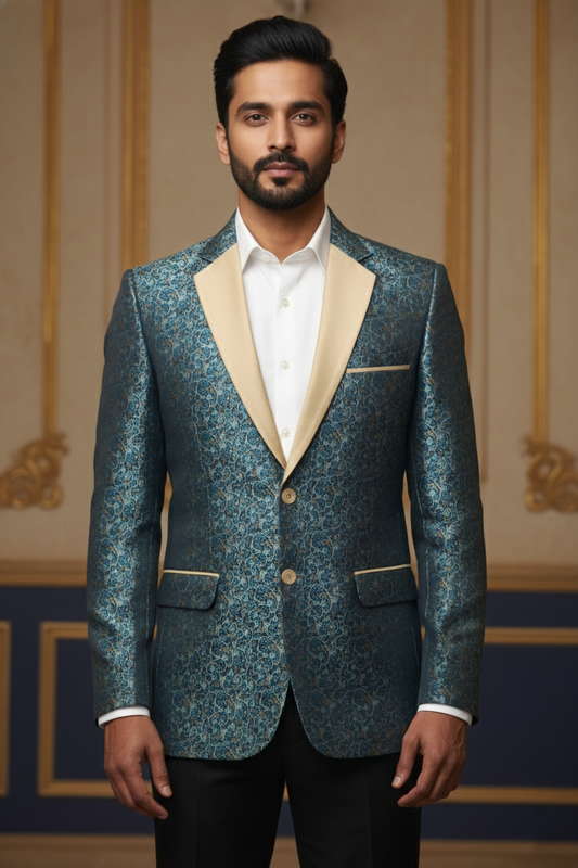 Blue & Gold Paisley Double-Breasted Blazer with Beige Accents