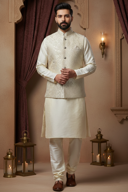 Men’s White Nehru Jacket with Silver Touch Work | Ethnic Waistcoat