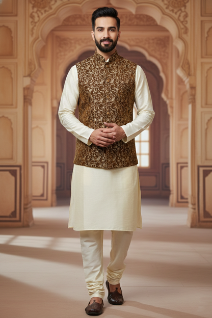 Men’s Brown Printed Nehru Jacket with Ivory Kurta
