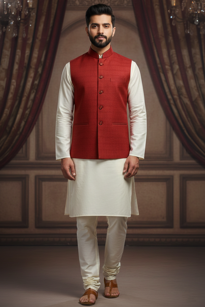 Classic Red Nehru Jacket with Cream Kurta Set