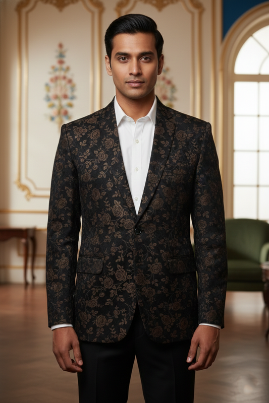 Black Double-Breasted Floral Blazer with Notched Lapel