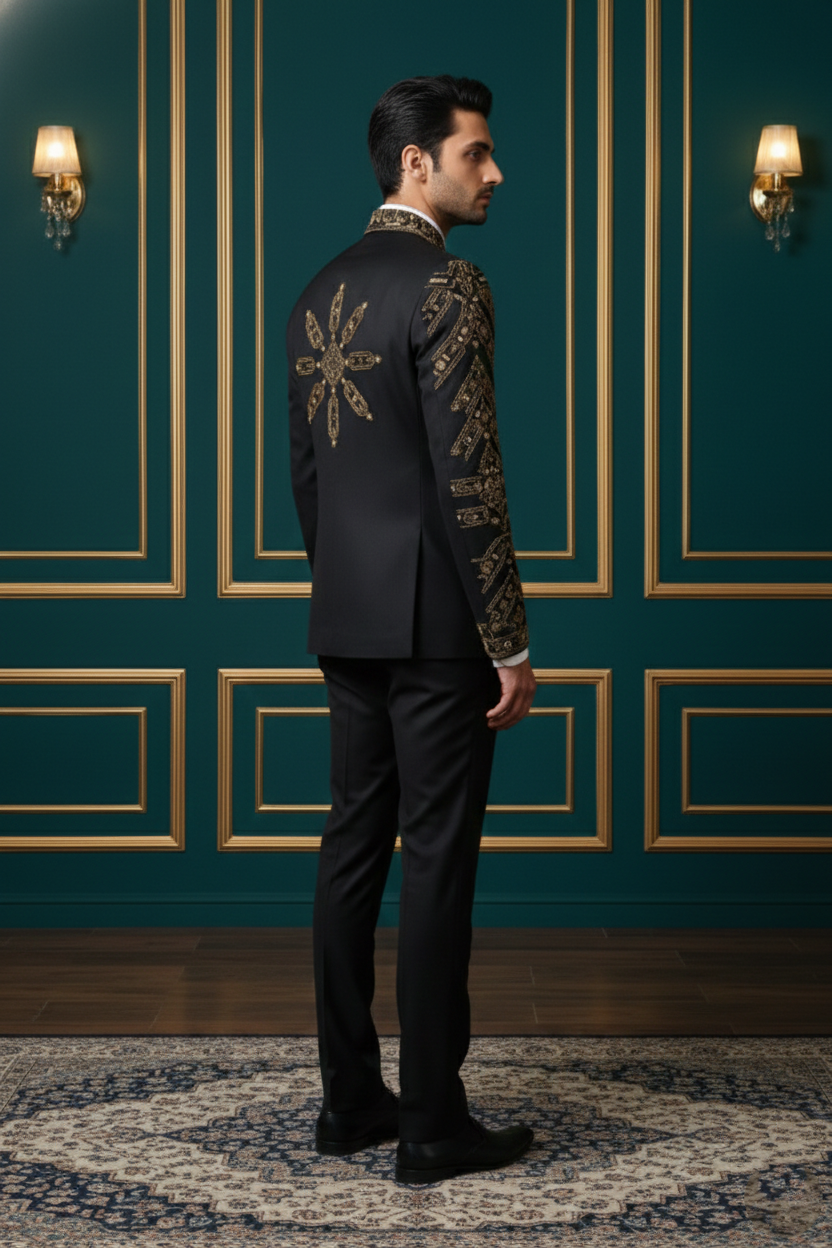 Royal Black Embroidered Jodhpuri Bandhgala Suit , Premium Ethnic Wedding Wear for Men