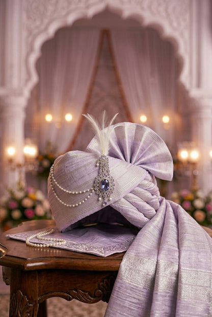 Royal Lavender Silk Groom Turban with Silver Zari