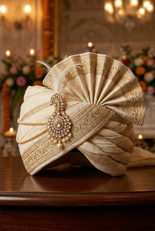 Royal Beige Silk Groom Turban with Gold Zari Border
