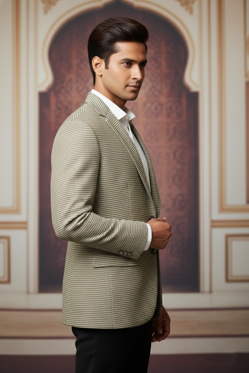 Men's Slim Fit Textured Blazer - Sage Grey Micro-Stripe Sport Coat with Notch Lapel