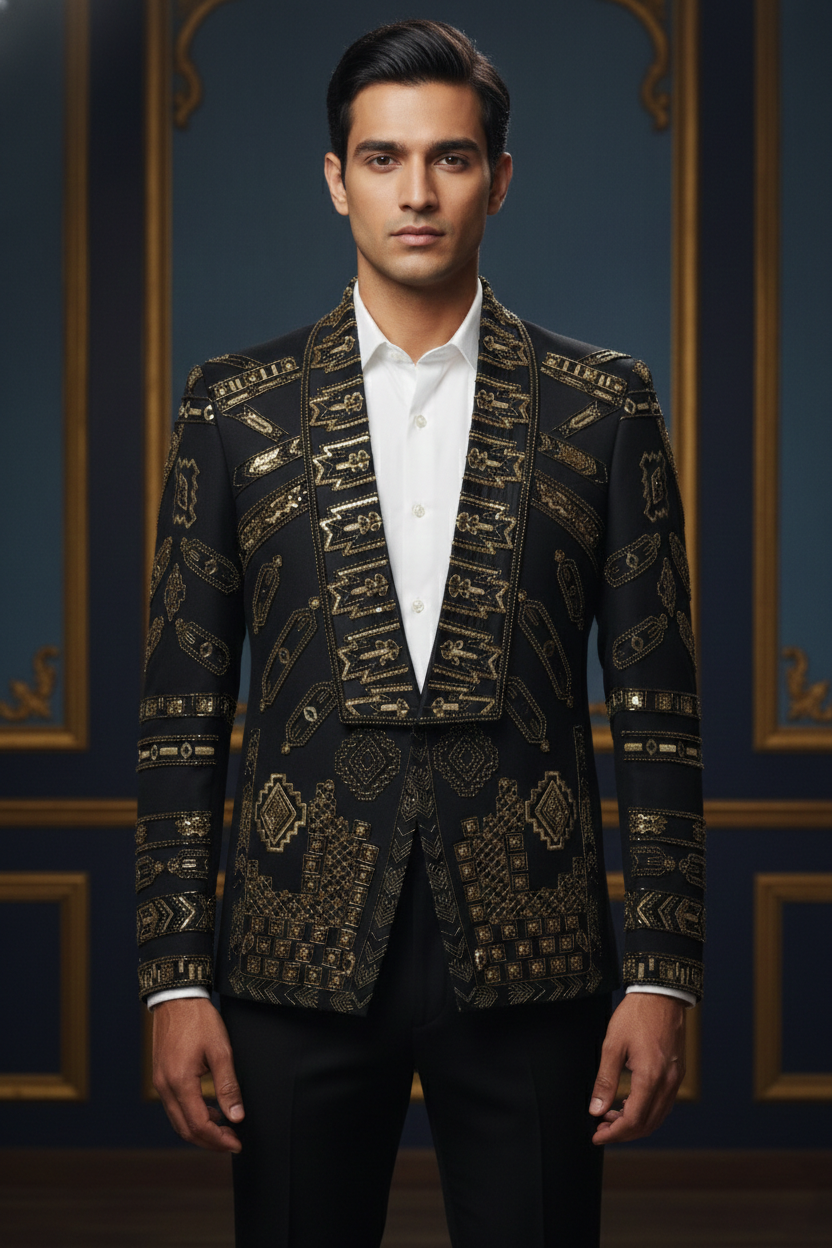 Men'sBlack & Gold Designer Embroidered Blazer