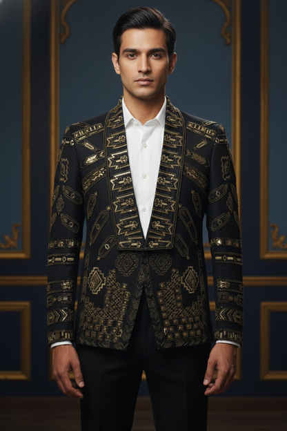 Men'sBlack & Gold Designer Embroidered Blazer