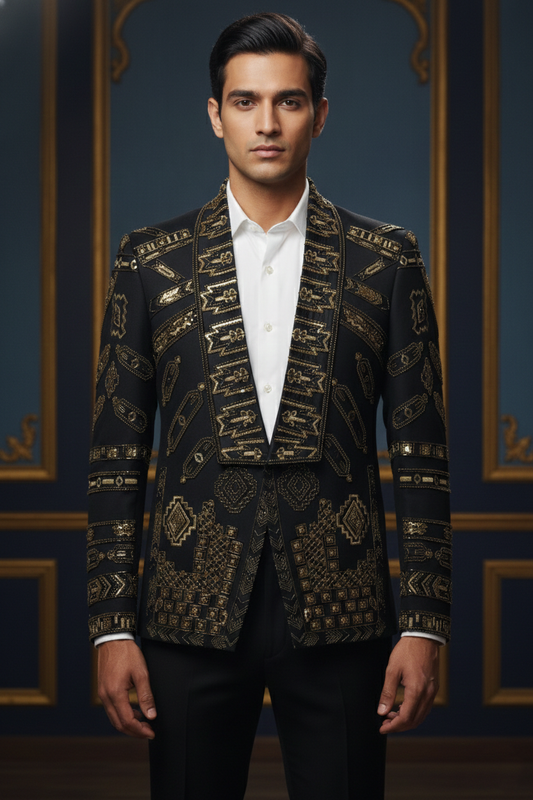 Men'sBlack & Gold Designer Embroidered Blazer