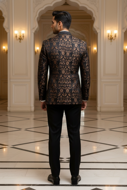 Men's Premium Black & Copper Jacquard Floral Tuxedo Blazer , Slim Fit Evening Party Wear