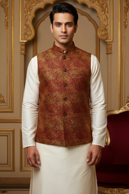 Men’s Maroon Printed Nehru Jacket with Ivory Kurta