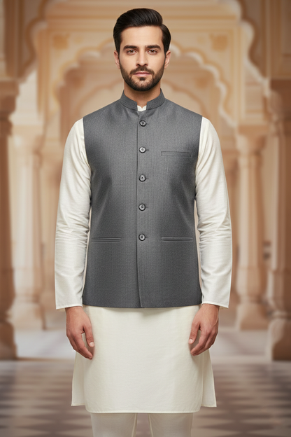 Men's Charcoal Pinstripe Nehru Jacket &  Cream Kurta Set