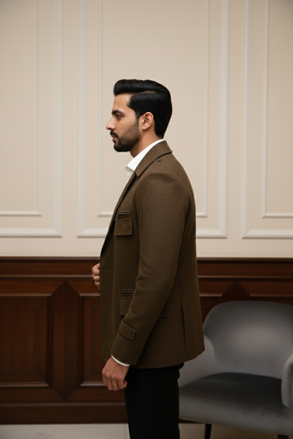 Men's Premium Brown Jacquard Textured Blazer Jacket