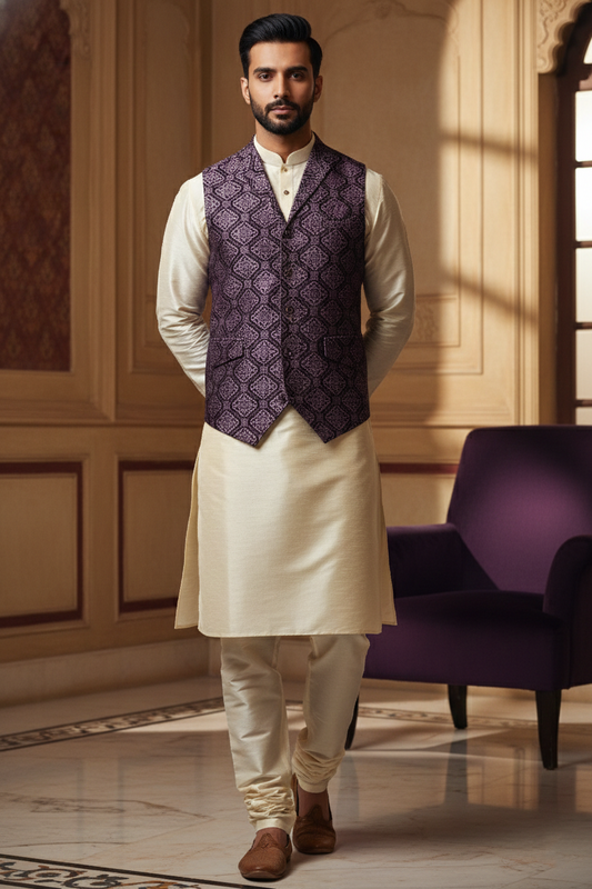 Men’s Purple Jacquard Silk Waistcoat with Notch Lapel | Slim Fit Festive Vest