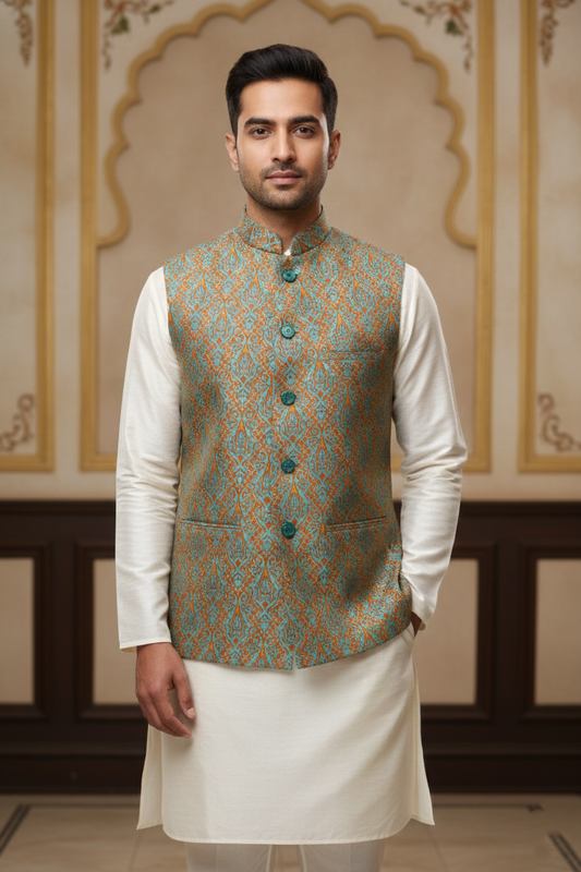 Men’s Teal Printed Nehru Jacket with Ivory Kurta