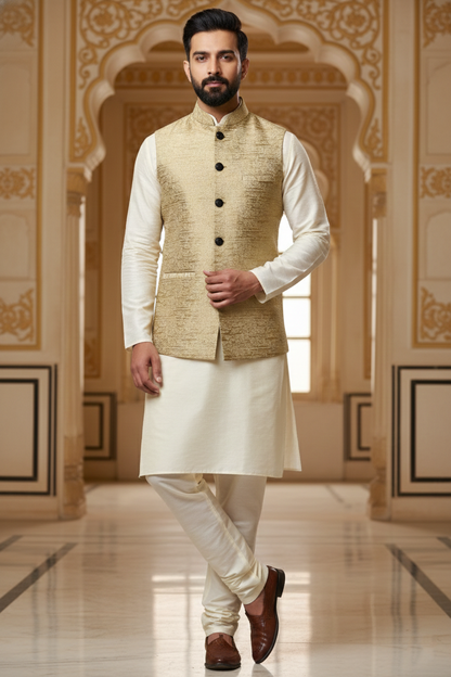 Men’s Gold Beige Nehru Jacket with Subtle Textured Work | Ethnic Waistcoat