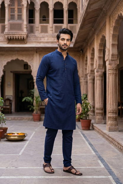 Men's Navy Blue Cotton Silk Plain Kurta Pajama Set