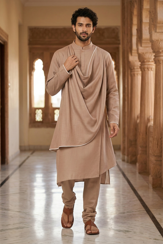Men's Beige Draped AsyVBetric Designer Kurta Pajama