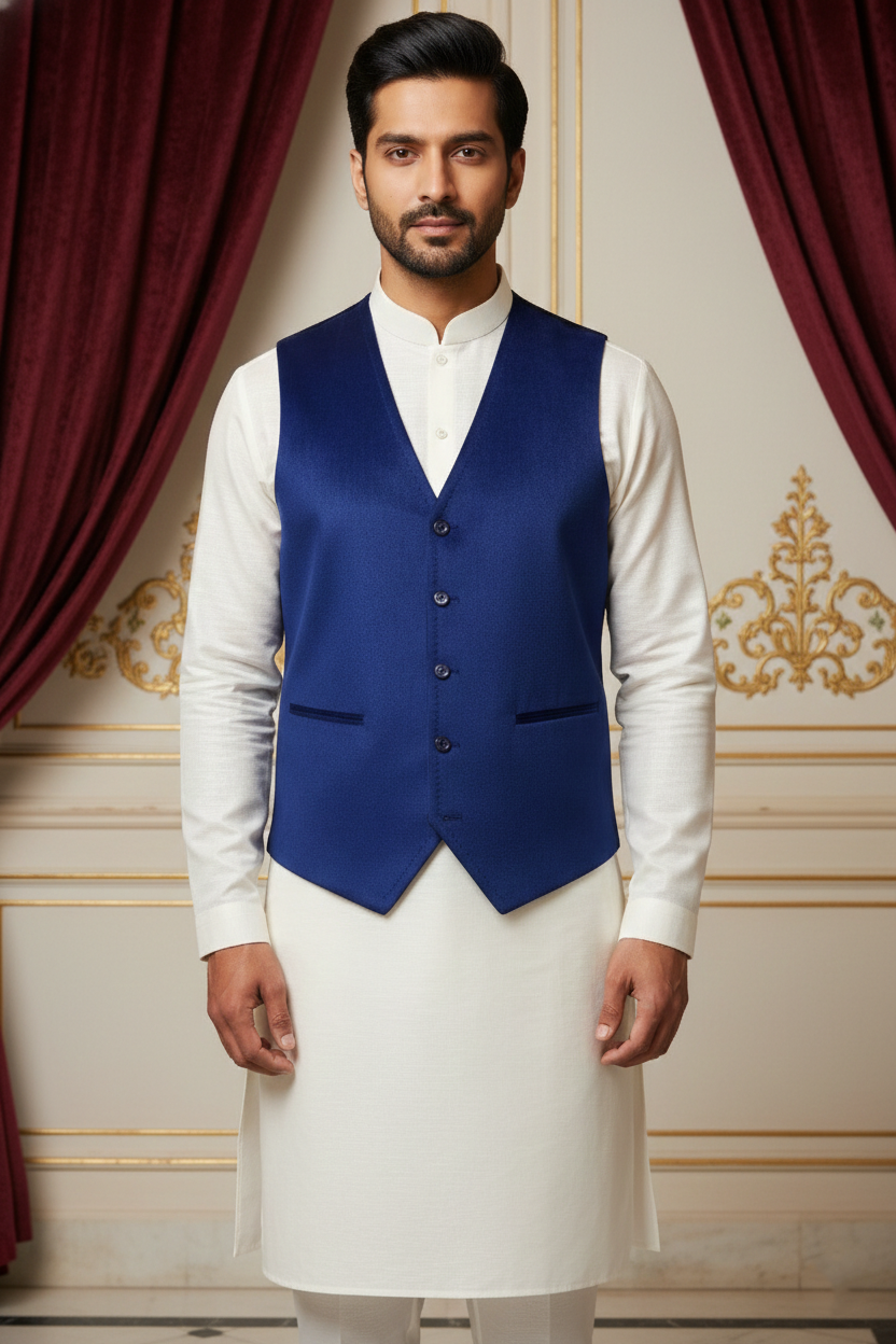Men’s Dark Blue Nehru Jacket with Light Blue & Orange Thread Work | Festive Ethnic Waistcoat