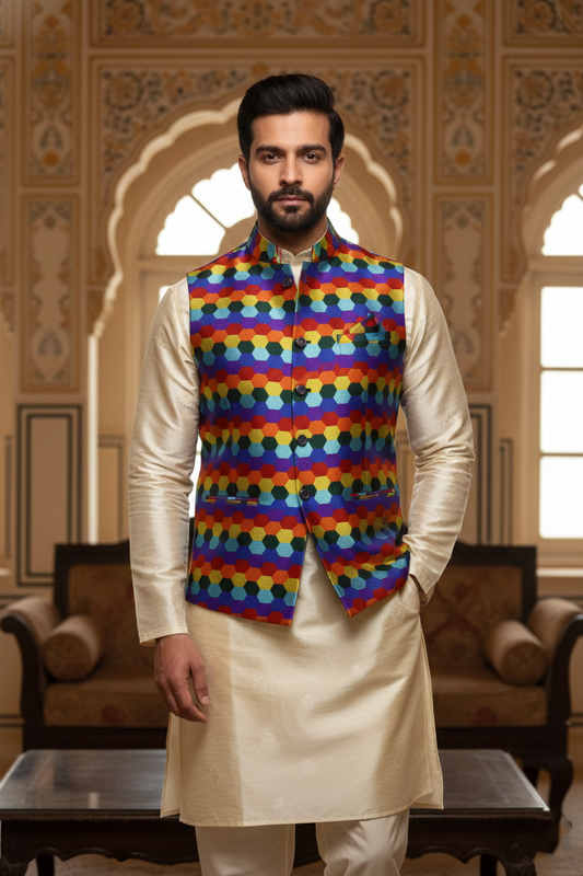Men’s Multicolor Printed Nehru Jacket with Ivory Kurta