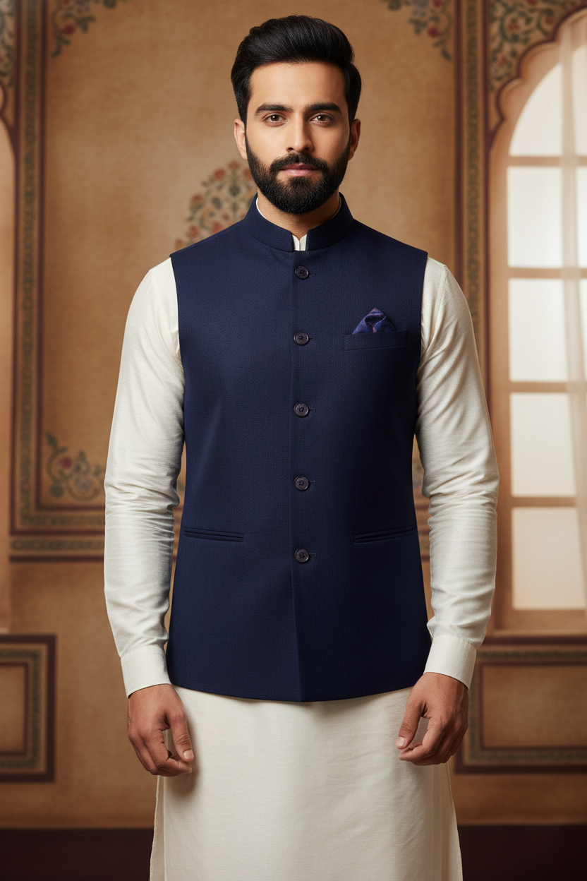 Men’s Navy Blue Nehru Jacket with Ivory Kurta
