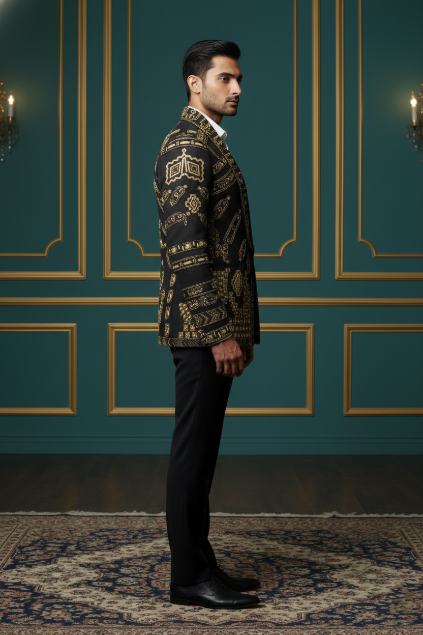 Men's Luxury Embroidered Blazer - Black and Gold Ethnic Party Wear Jacket - Designer Wedding Bandhgala for Groom & Groomsmen