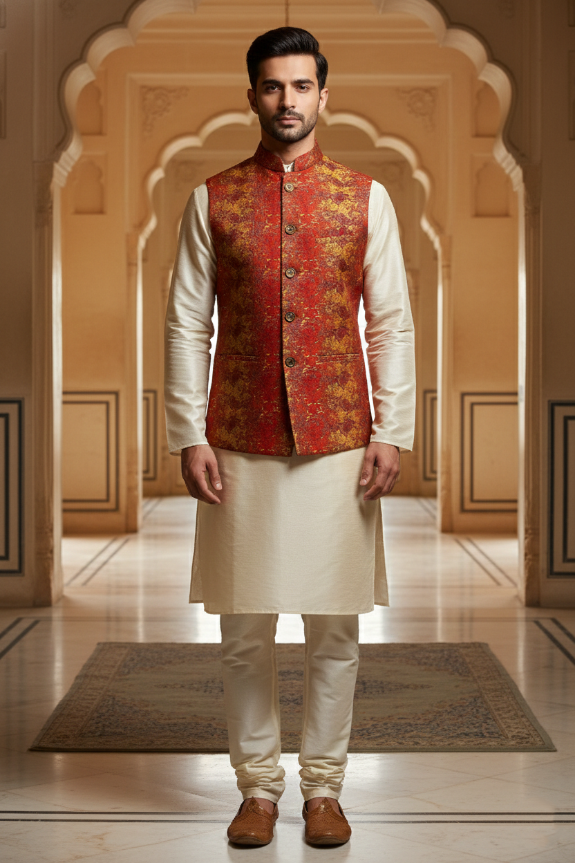 Men’s Red Printed Nehru Jacket Kurta Pajama