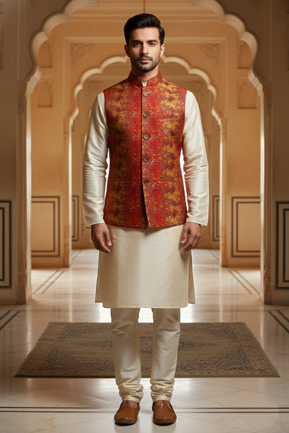Men’s Red Printed Nehru Jacket Kurta Pajama