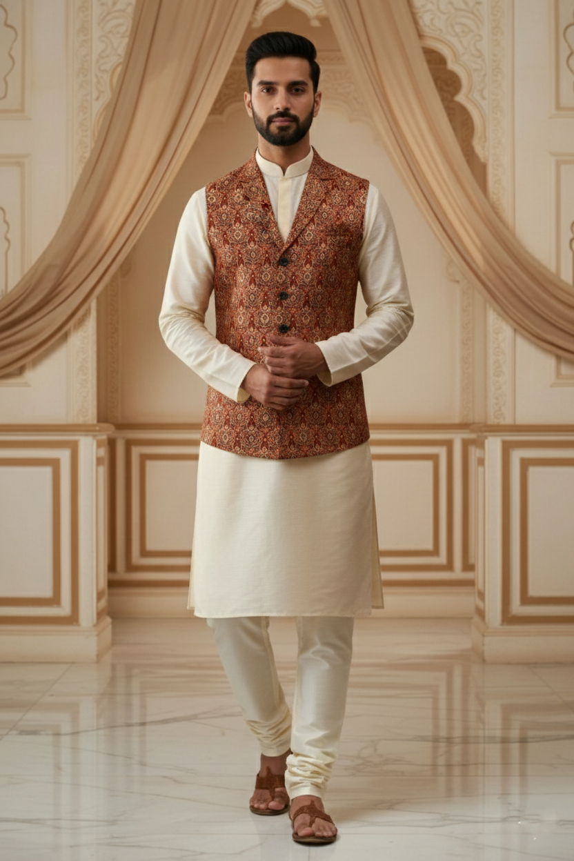 Men’s Rust Printed Nehru Jacket | Ethnic Waistcoat for Kurta Pajama & Festive Wear